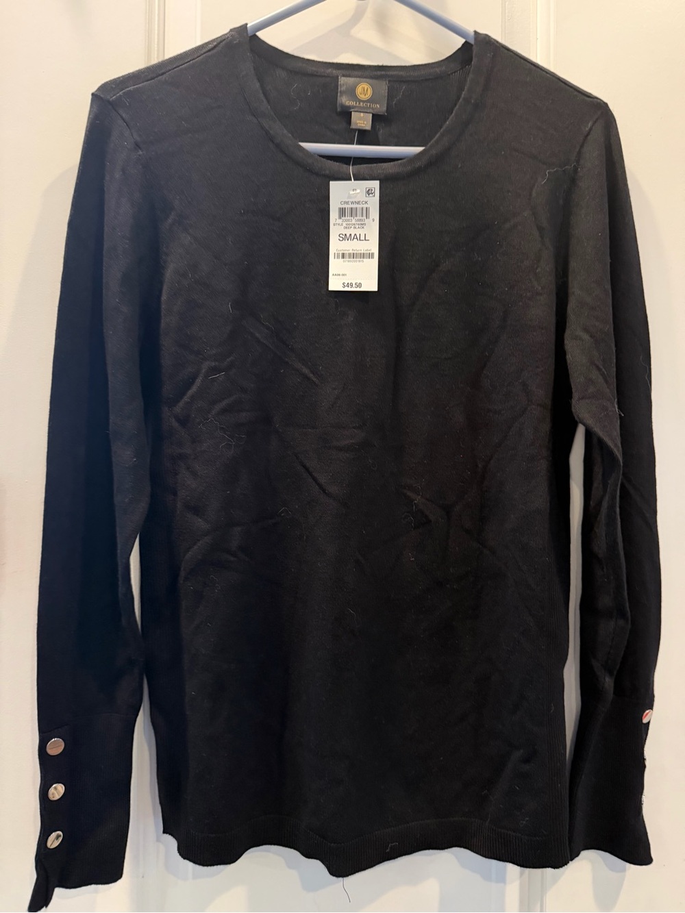 JM Collection Black Crewneck Sweater with Cuff Buttons